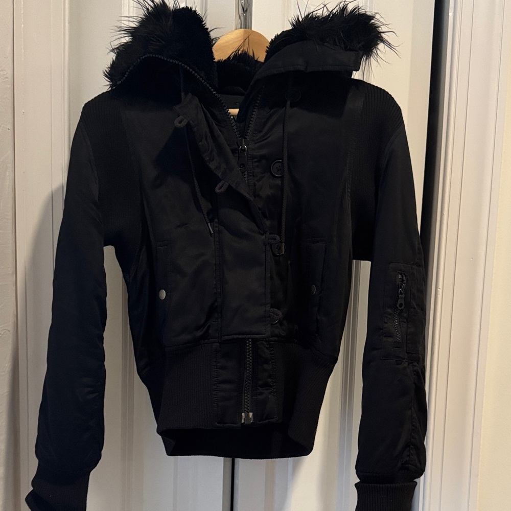 Armani Exchange Black Bomber Jacket with Fur Hood